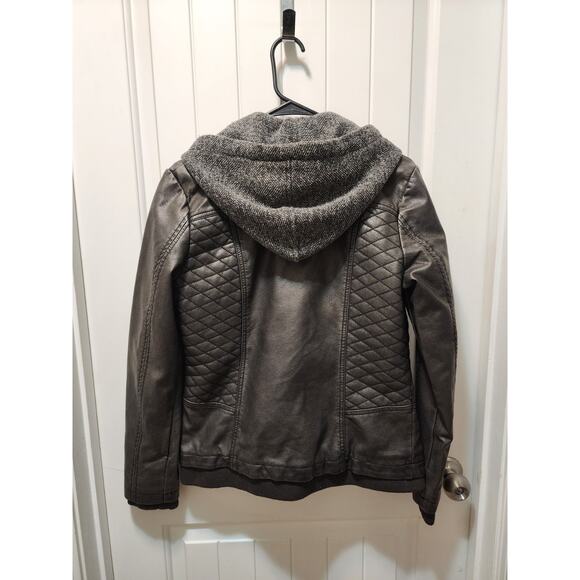 Mo-Ka Meriam Knit Hood Faux Leather Jacket Russian Dark Gray Heavy Weight Size M - Picture 6 of 8
